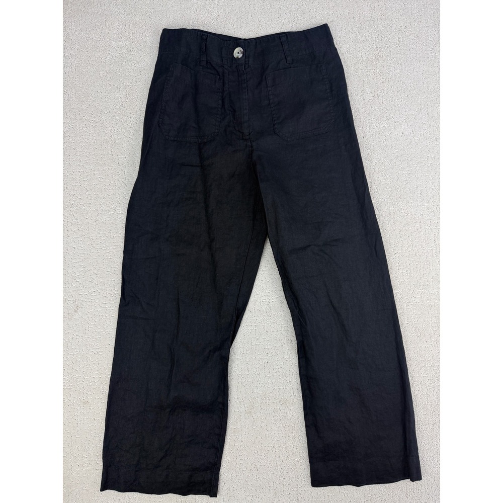 Quince Wide Leg Pants Women 10 Black 100% European Linen Patch Pocket LB88254 - Picture 2 of 15